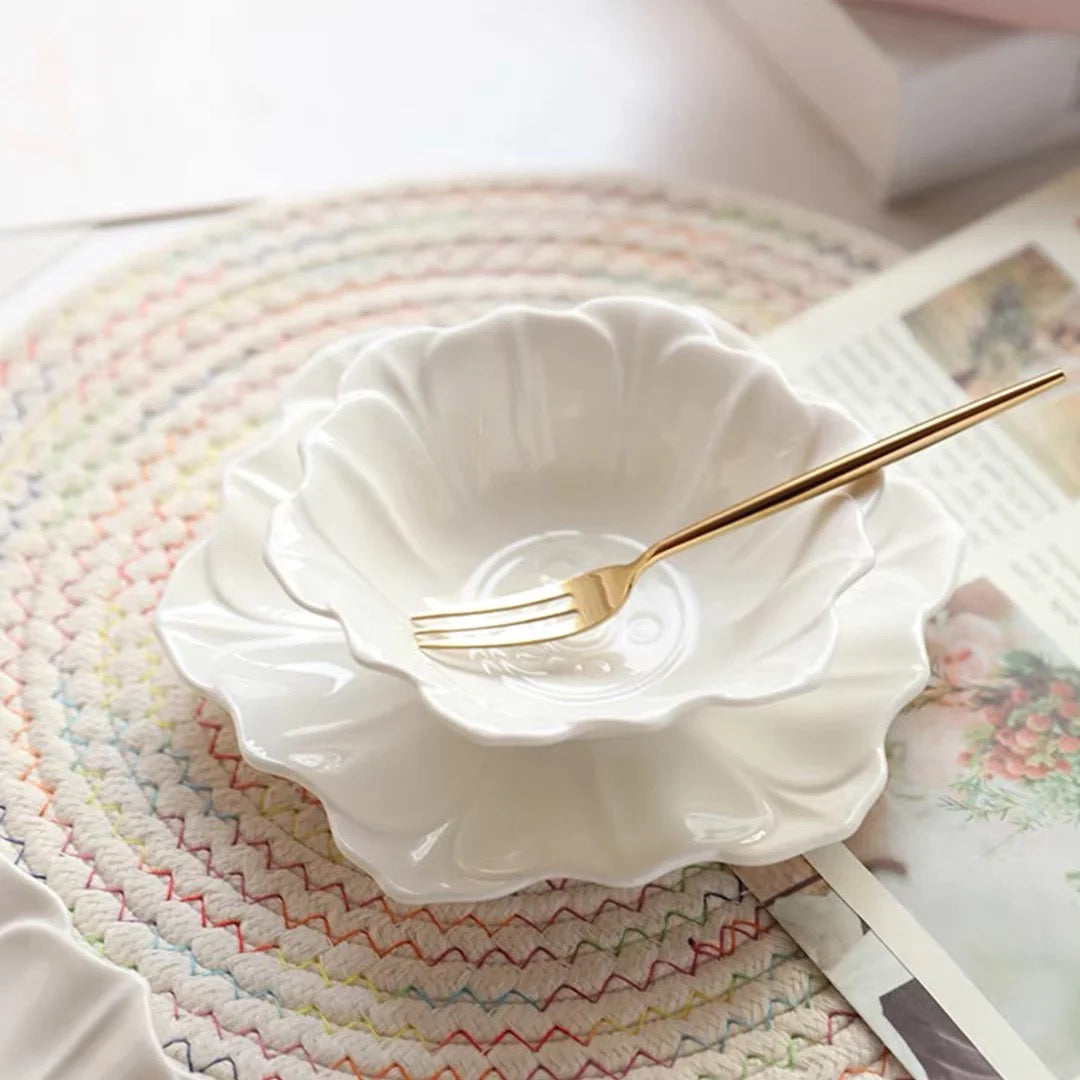 French Ceramic Flower-Shaped Soup Bowl and Snack Plate Set