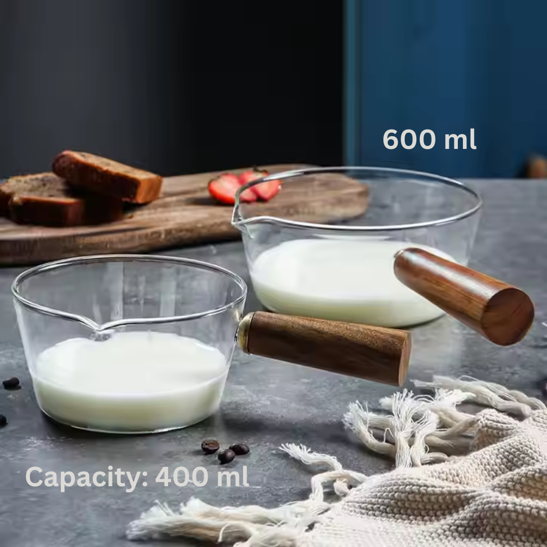 Glass Measurer and Tea Pan with Wooden Handle - 2 sizes (70ml and 400 ml)