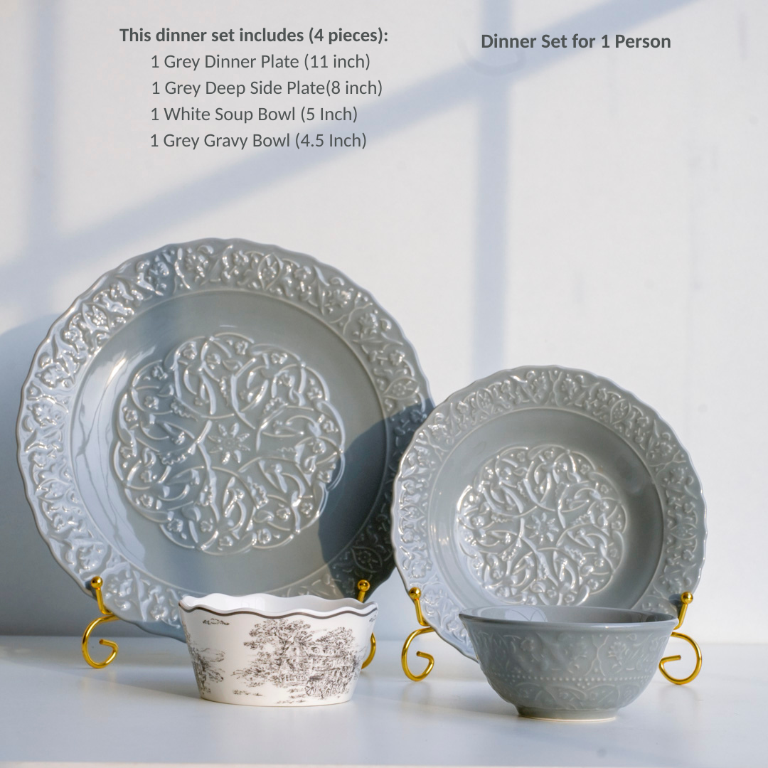 Luxury Ceramic Dinner Set of 28 Pieces for 6 people | Embossed & Victorian Design