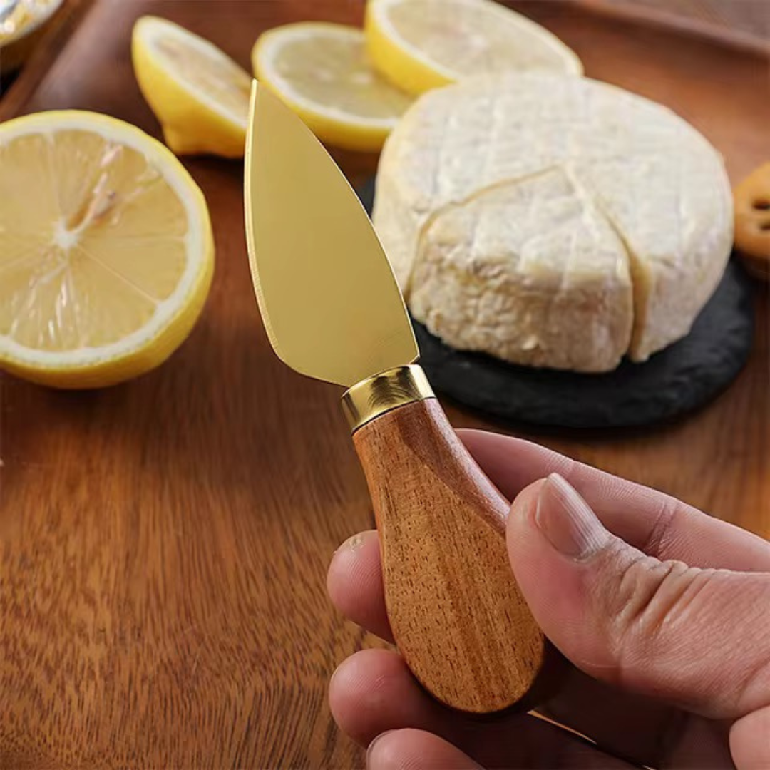 Luxury 5 Piece Cheese Knife Set with Magnetic Wooden Block | Gold & Silver Stainless Steel with Wooden Handle