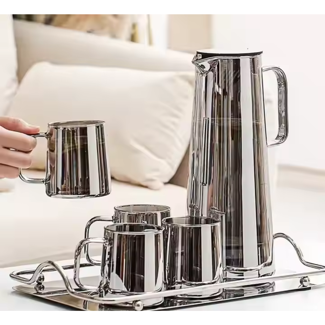 Dark Grey Borosilicate Glass Jug & Cup Set – 1 Jug + 6 Handled Cups | 1800 ml Carafe + 300 ml Cups | Microwave & Dishwasher Safe