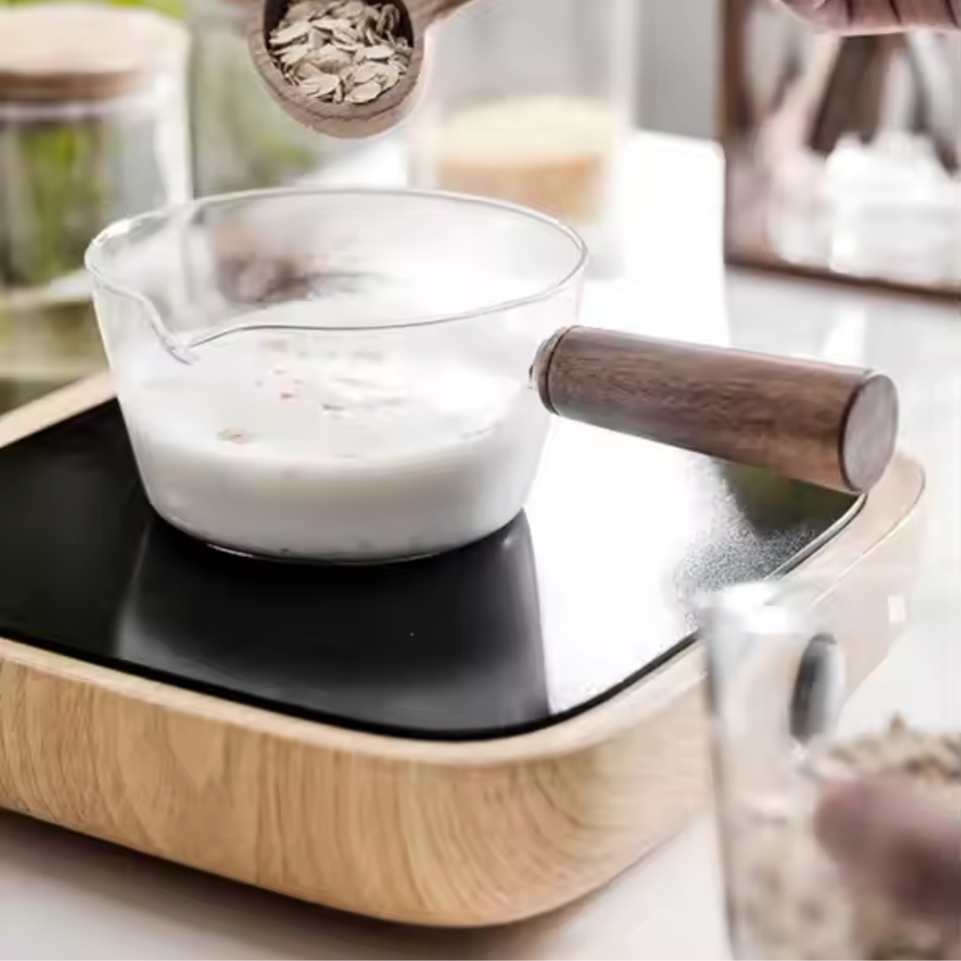 Glass Measurer and Tea Pan with Wooden Handle - 2 sizes (70ml and 400 ml)