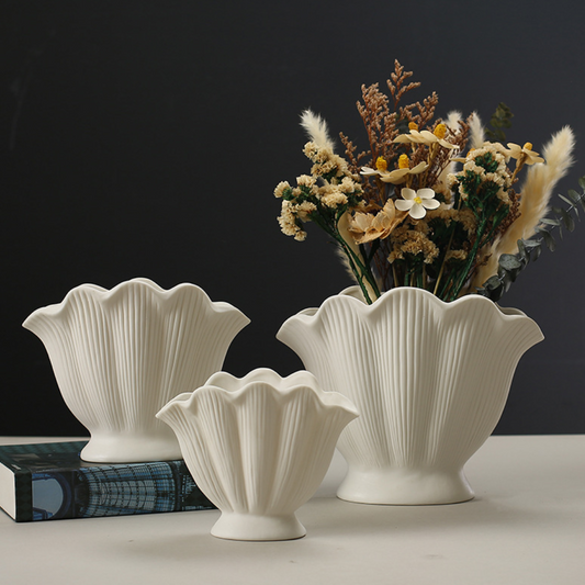 White Ceramic Vases – Shell Design (Set of 3)