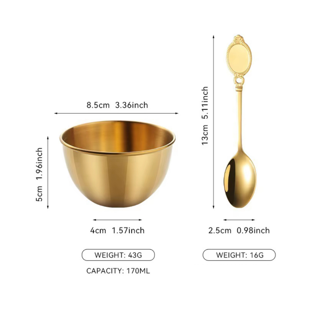 Gold Stainless Steel Dessert Bowl with Matching Spoon