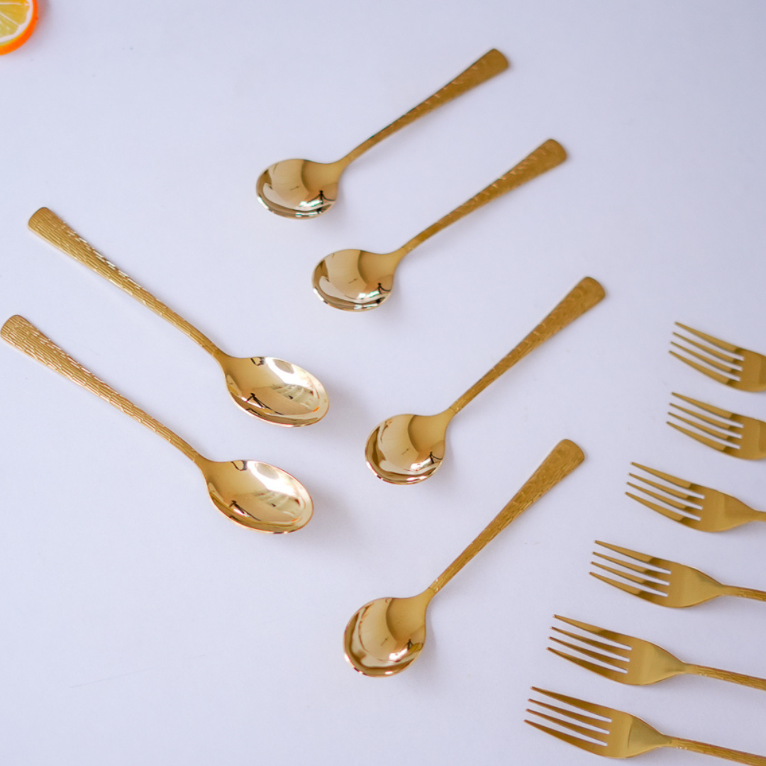 Gold Textured Cutlery Set – 12 Pcs (6 Forks + 6 Spoons) | Luxury Stainless Steel Flatware