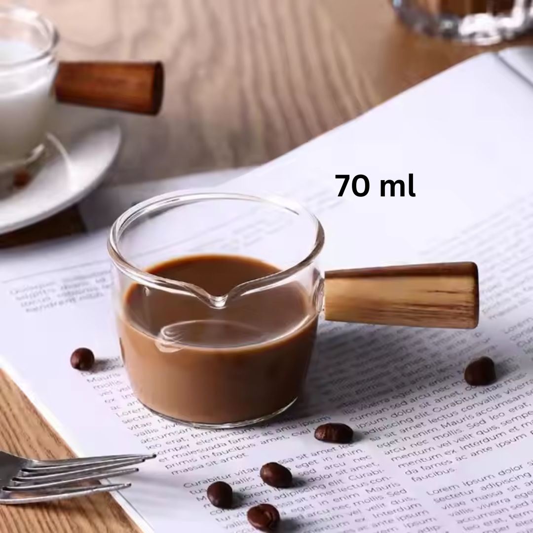 Glass Measurer and Tea Pan with Wooden Handle - 2 sizes (70ml and 400 ml)