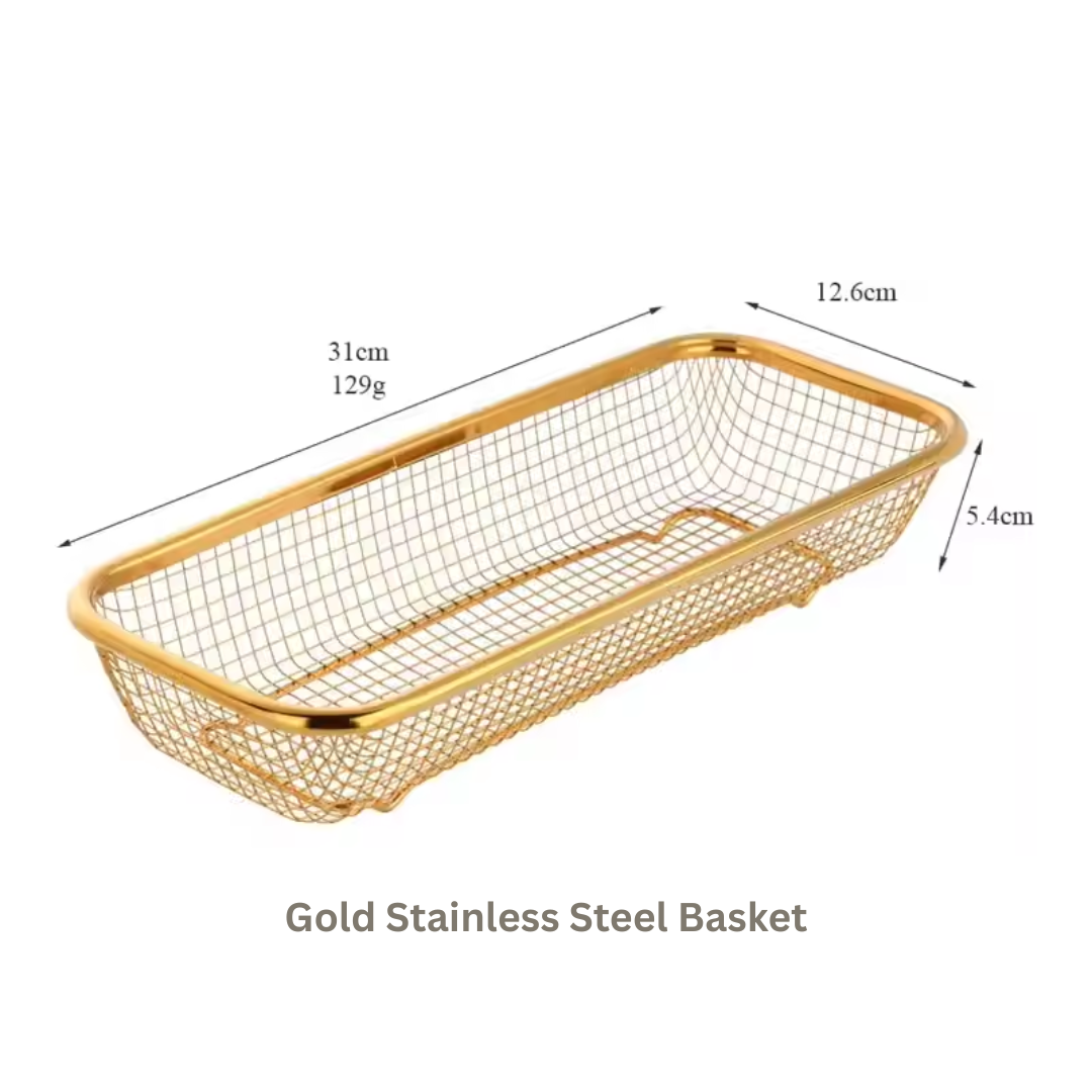 Luxury Stainless Steel Mesh Basket for Serving & Storage – Gold & Silver | Food Safe PVD Finish (12x5 Inch)
