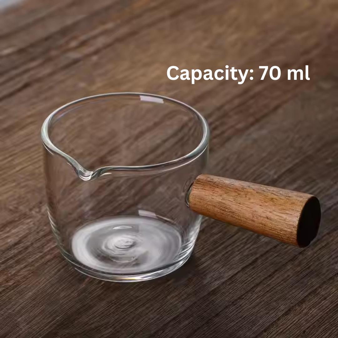 Glass Measurer and Tea Pan with Wooden Handle - 2 sizes (70ml and 400 ml)
