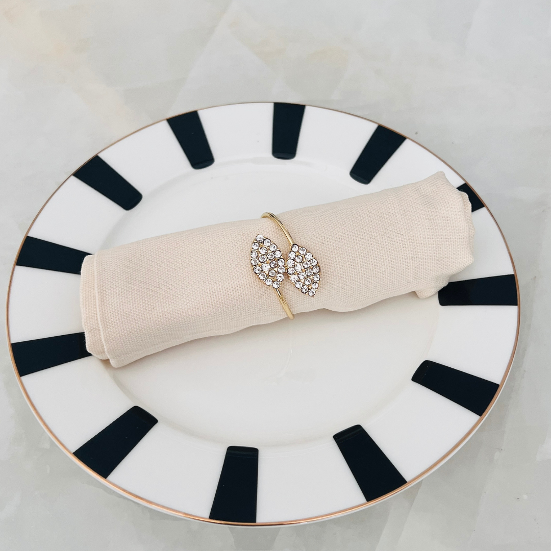 Metal Napkin Rings - Sleek Gold leaf with Stonework – (Set of 4/6/8)