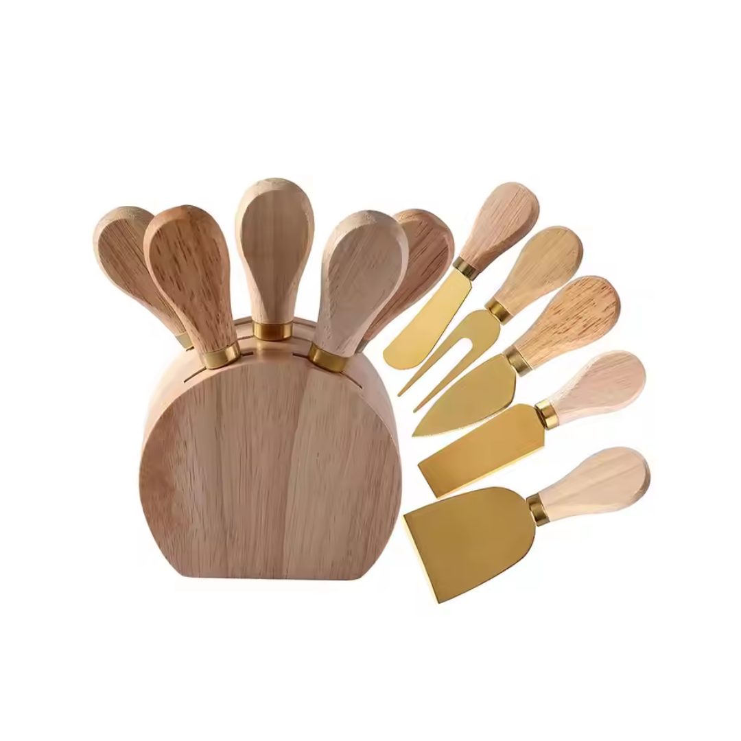6-Piece Cheese Knife Set with Wooden Holder – Gold & Silver | Stainless Steel Knives with Wooden Handles for Cheese & Dips