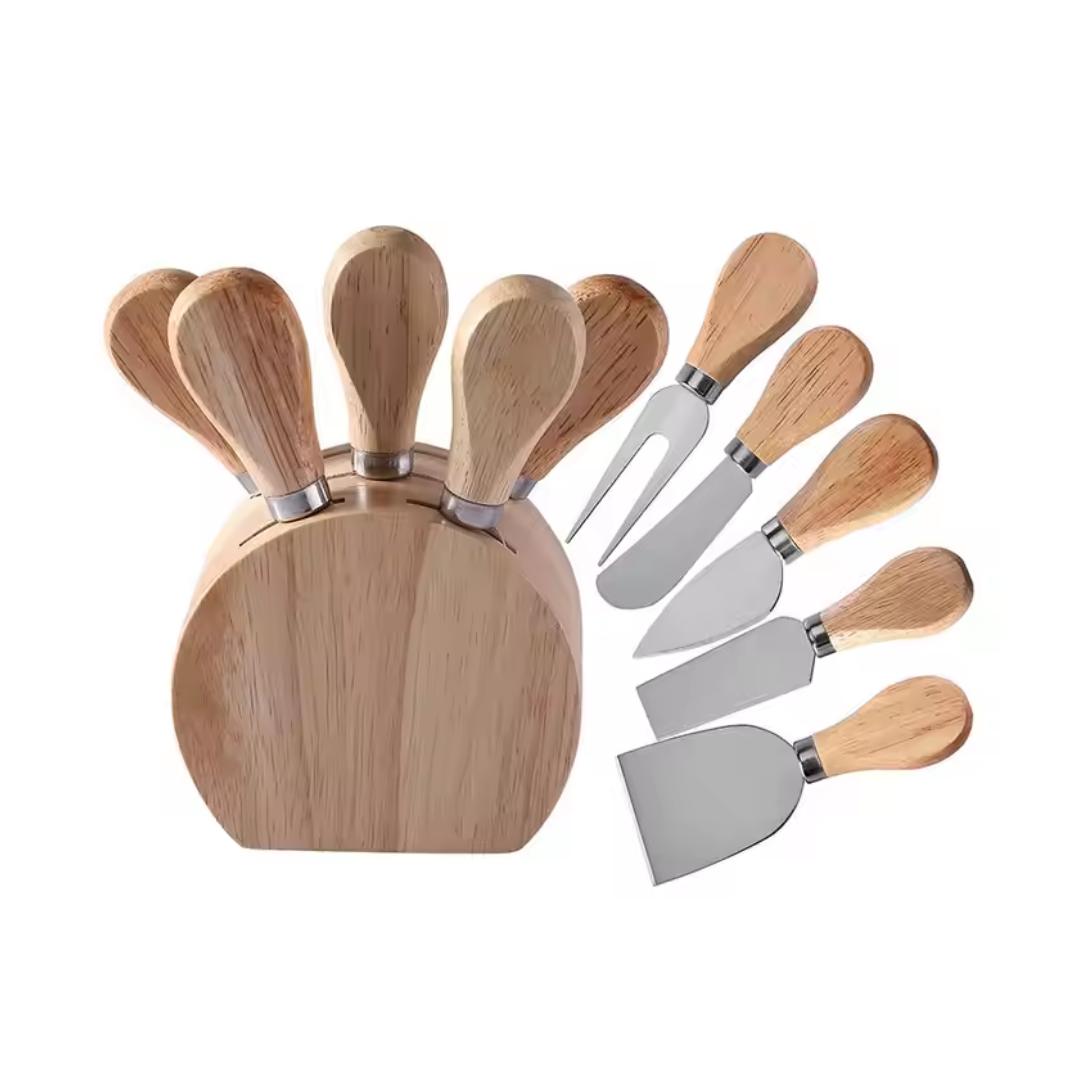6-Piece Cheese Knife Set with Wooden Holder – Gold & Silver | Stainless Steel Knives with Wooden Handles for Cheese & Dips