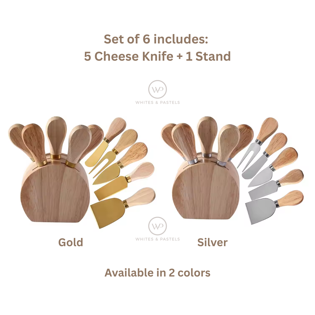 6-Piece Cheese Knife Set with Wooden Holder – Gold & Silver | Stainless Steel Knives with Wooden Handles for Cheese & Dips