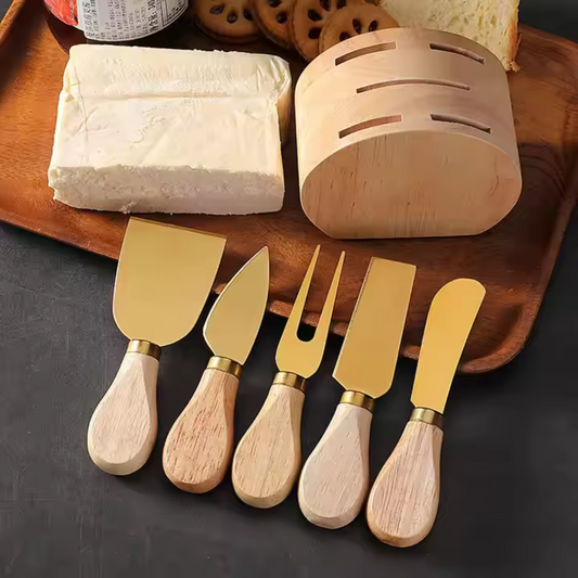 6-Piece Cheese Knife Set with Wooden Holder – Gold & Silver | Stainless Steel Knives with Wooden Handles for Cheese & Dips
