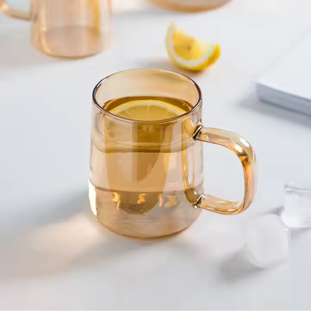 Amber Borosilicate Glass Jug & Cup Set – 1 Jug + 6 Handled Cups | 1800 ml Carafe + 300 ml Cups | Microwave & Dishwasher Safe