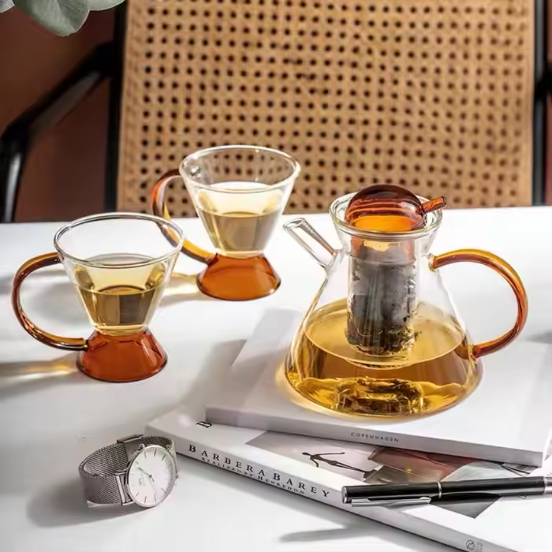 Amber Glass Teapot Set with 2 Cups – Luxury Borosilicate Tea Set (Set of 3)