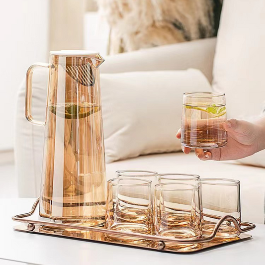 Luxury Amber Glass Jug Set with 6 Drinking Glasses
