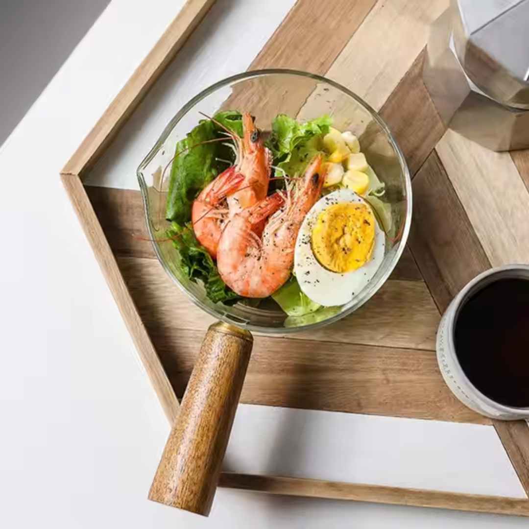 Glass Measurer and Tea Pan with Wooden Handle - 2 sizes (70ml and 400 ml)