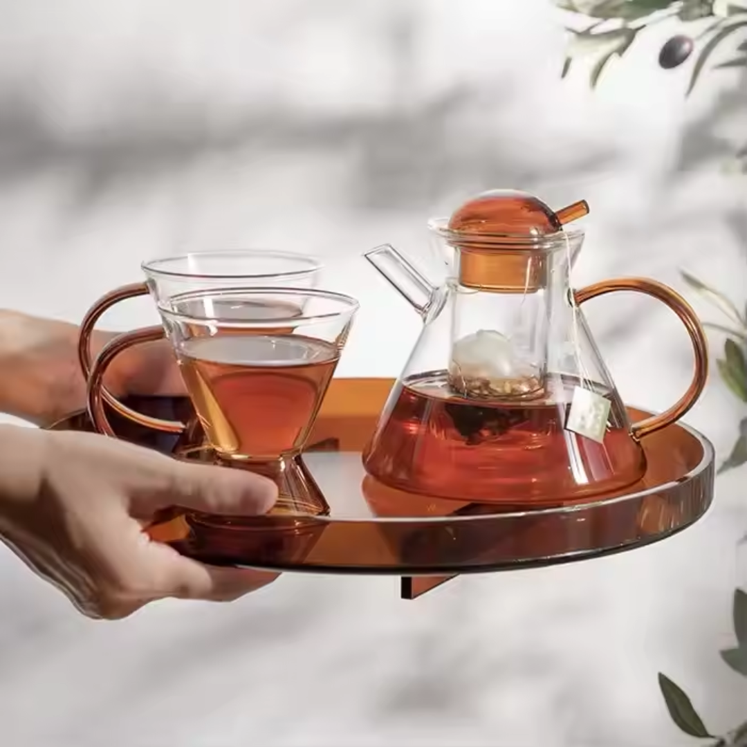 Amber Glass Teapot Set with 2 Cups – Luxury Borosilicate Tea Set (Set of 3)