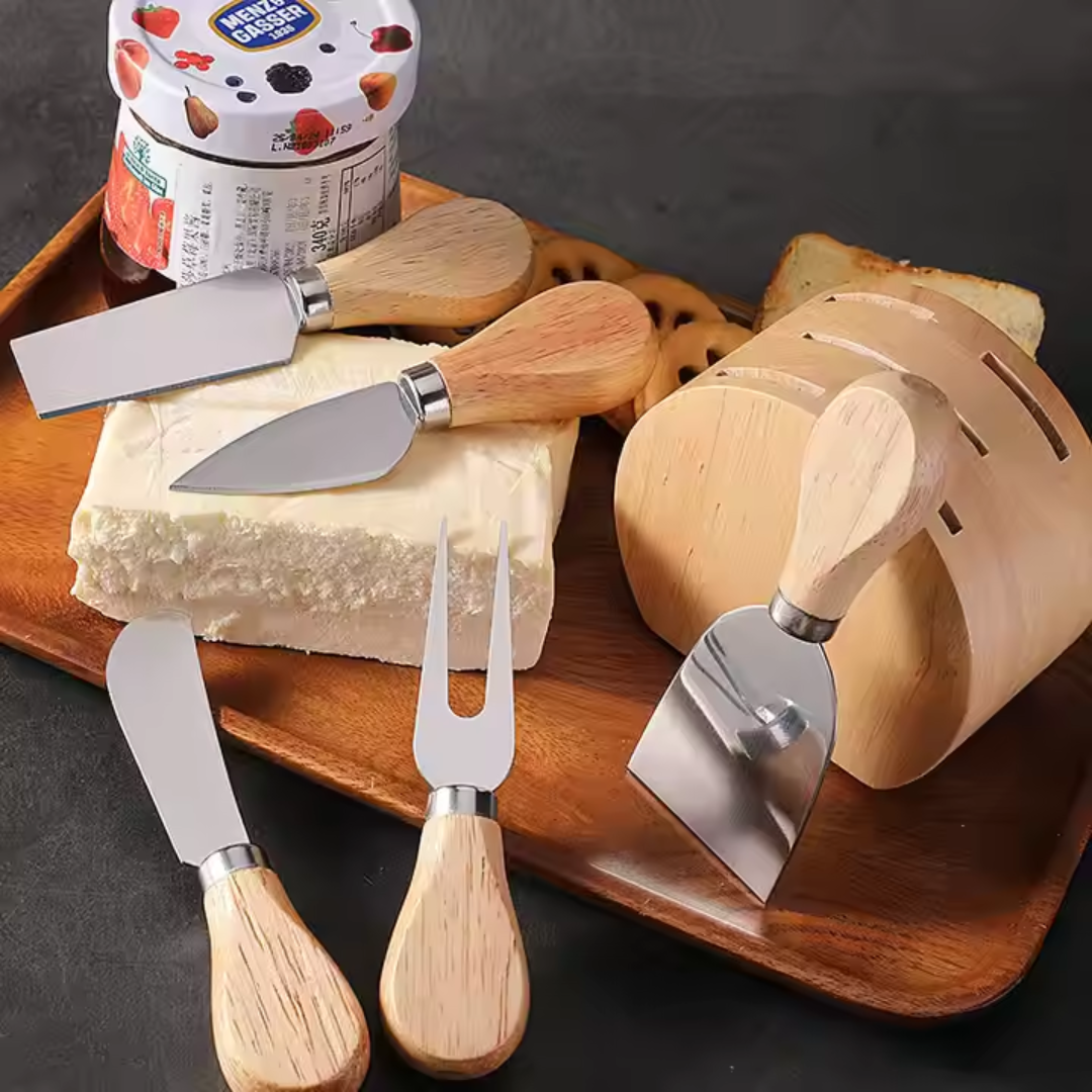 6-Piece Cheese Knife Set with Wooden Holder – Gold & Silver | Stainless Steel Knives with Wooden Handles for Cheese & Dips