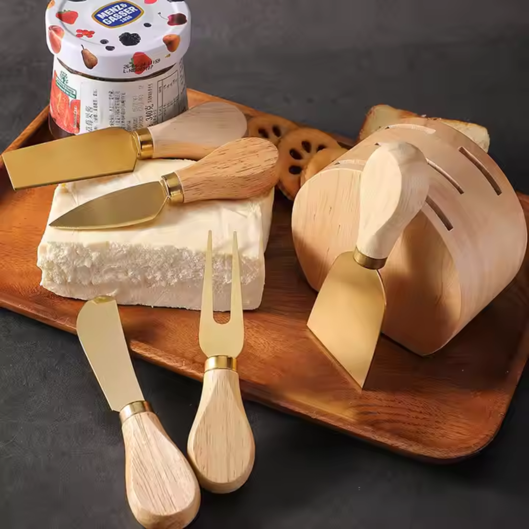 6-Piece Cheese Knife Set with Wooden Holder – Gold & Silver | Stainless Steel Knives with Wooden Handles for Cheese & Dips