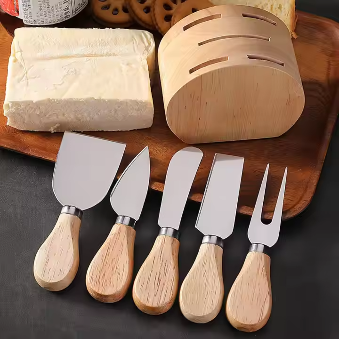 6-Piece Cheese Knife Set with Wooden Holder – Gold & Silver | Stainless Steel Knives with Wooden Handles for Cheese & Dips