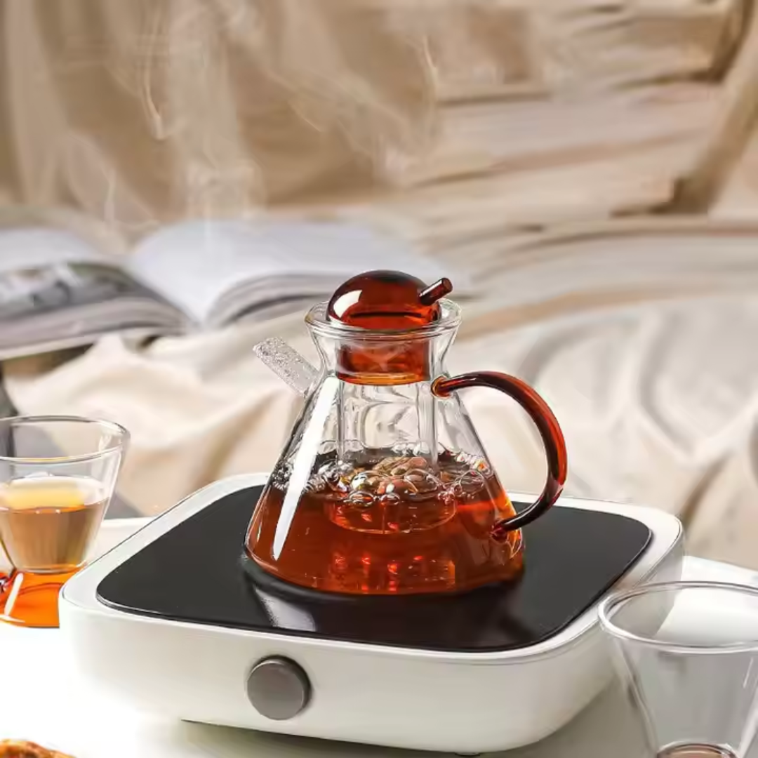 Amber Glass Teapot Set with 2 Cups – Luxury Borosilicate Tea Set (Set of 3)