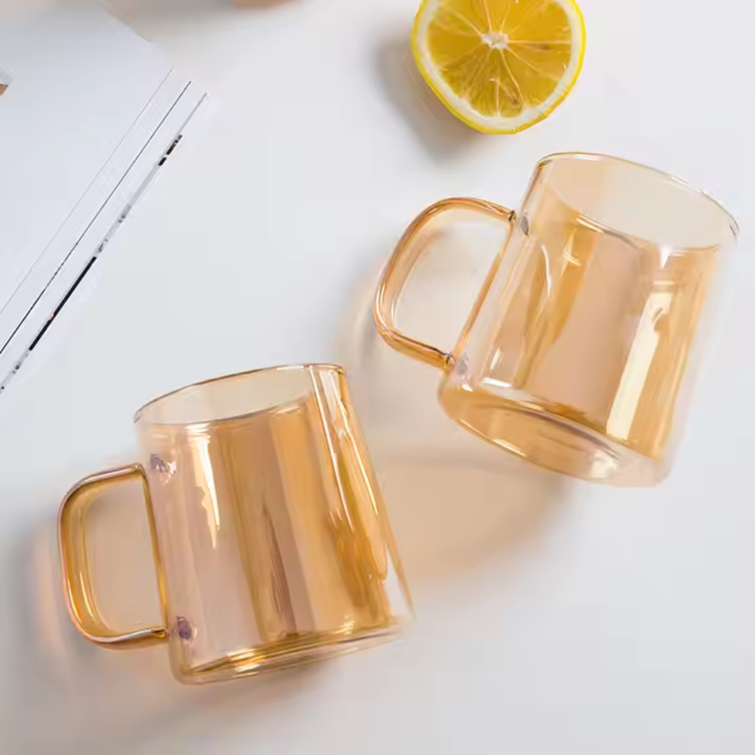 Amber Borosilicate Glass Jug & Cup Set – 1 Jug + 6 Handled Cups | 1800 ml Carafe + 300 ml Cups | Microwave & Dishwasher Safe