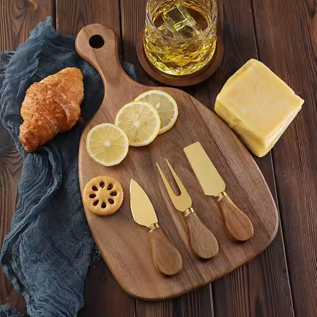 4-Piece Cheese Knife Set with Wooden Cheese Board – Heart, Thin & Fork Knife | Premium Gold & Silver Finish for Charcuterie & Gifting