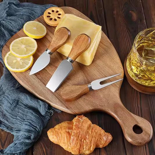 4-Piece Cheese Knife Set with Wooden Cheese Board – Heart, Thin & Fork Knife | Premium Gold & Silver Finish for Charcuterie & Gifting