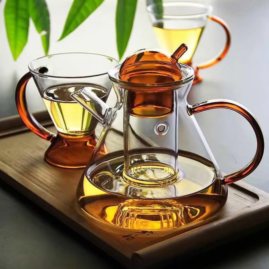Amber Glass Teapot Set with 2 Cups – Luxury Borosilicate Tea Set (Set of 3)
