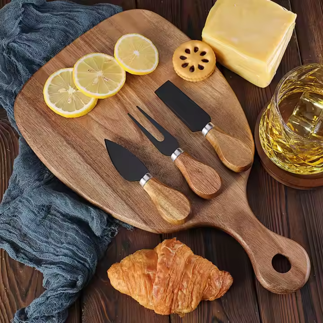 4-Piece Cheese Knife Set with Wooden Cheese Board – Heart, Thin & Fork Knife | Premium Gold & Silver Finish for Charcuterie & Gifting