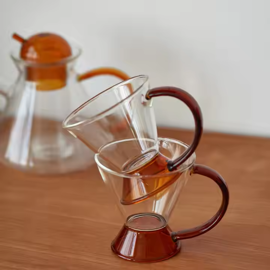 Amber Glass Teapot Set with 2 Cups – Luxury Borosilicate Tea Set (Set of 3)