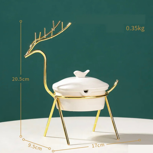 Ash Tray in gold frame - Standing Reindeer - Green