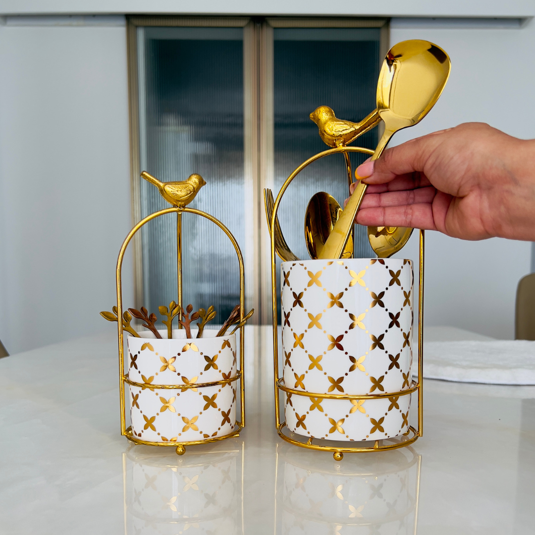 Cutlery Stand - Large size - White & Gold - Multipurpose Dining and Home Decor Organizer