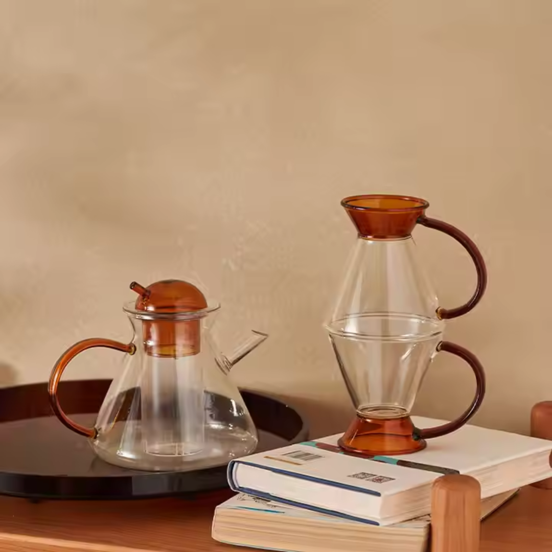 Amber Glass Teapot Set with 2 Cups – Luxury Borosilicate Tea Set (Set of 3)