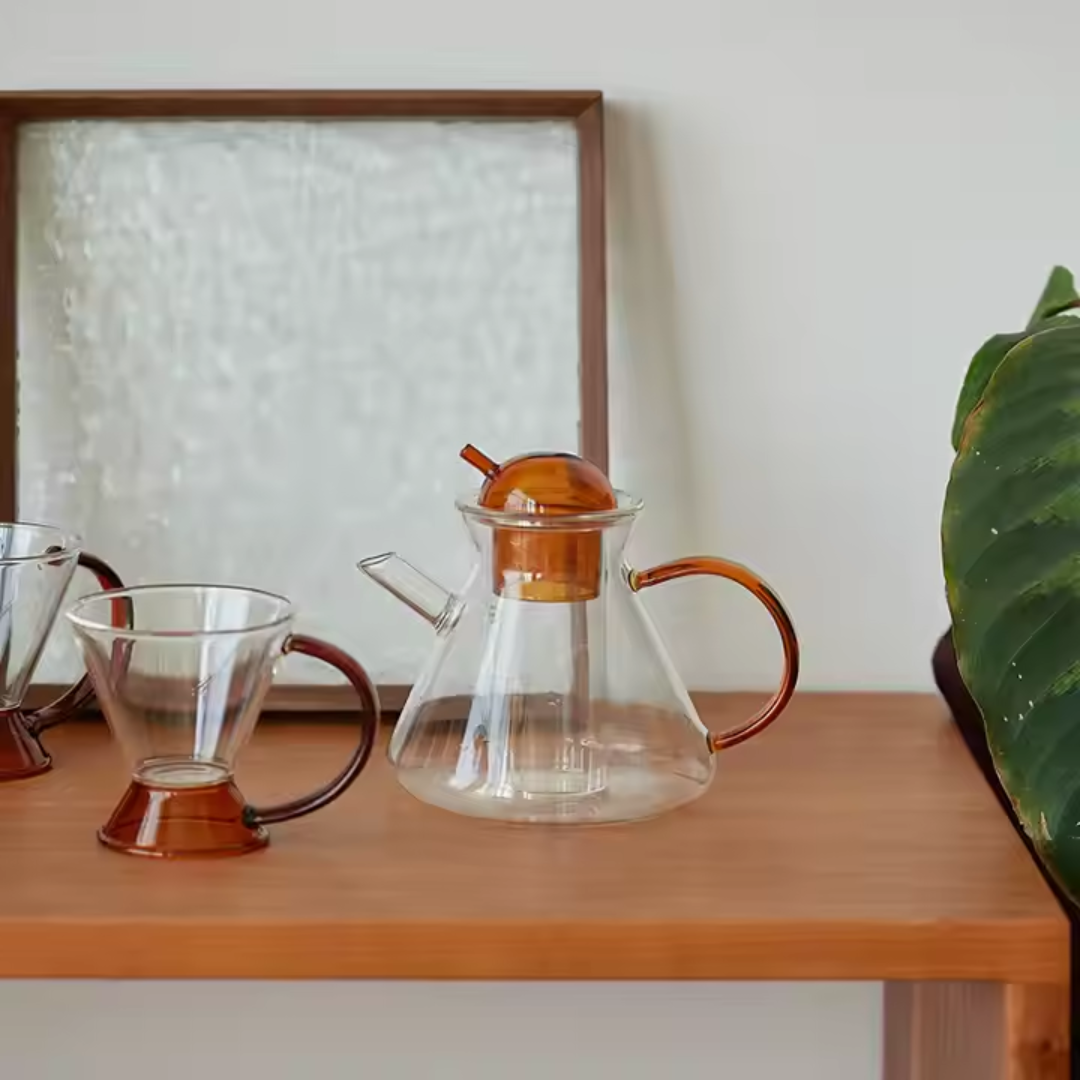 Amber Glass Teapot Set with 2 Cups – Luxury Borosilicate Tea Set (Set of 3)