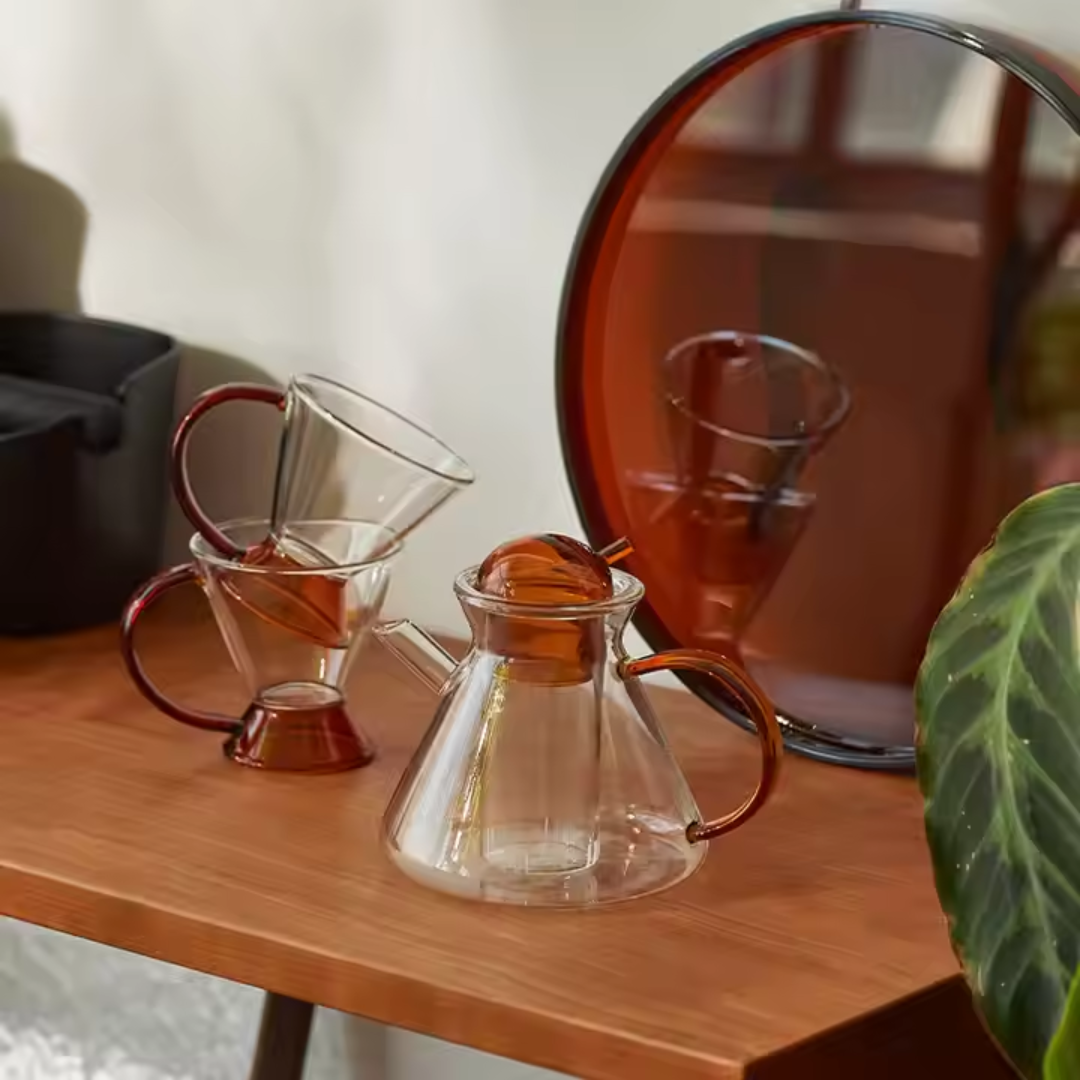 Amber Glass Teapot Set with 2 Cups – Luxury Borosilicate Tea Set (Set of 3)