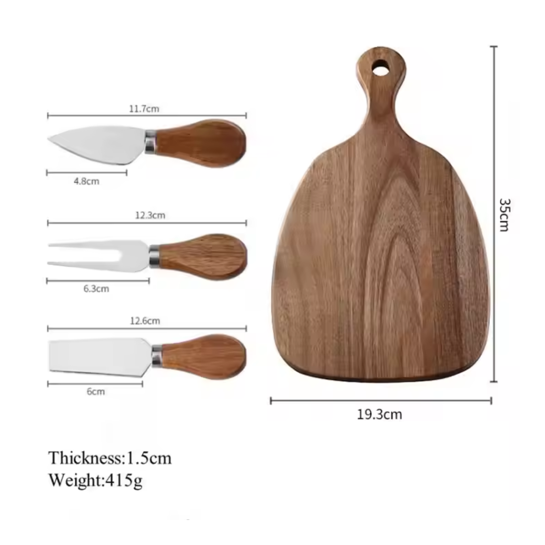 4-Piece Cheese Knife Set with Wooden Cheese Board – Heart, Thin & Fork Knife | Premium Gold & Silver Finish for Charcuterie & Gifting