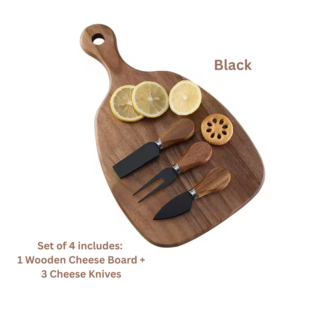 4-Piece Cheese Knife Set with Wooden Cheese Board – Heart, Thin & Fork Knife | Premium Gold & Silver Finish for Charcuterie & Gifting
