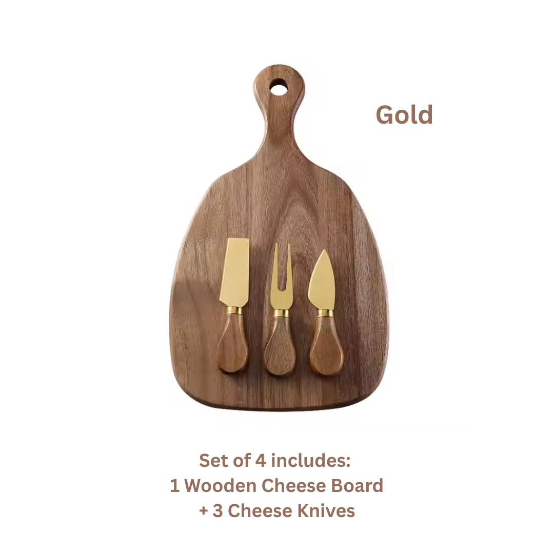 4-Piece Cheese Knife Set with Wooden Cheese Board – Heart, Thin & Fork Knife | Premium Gold & Silver Finish for Charcuterie & Gifting