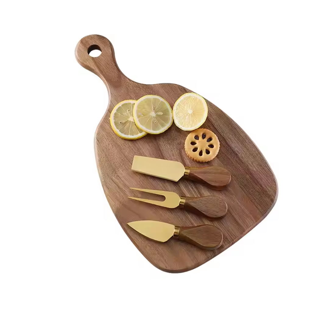 4-Piece Cheese Knife Set with Wooden Cheese Board – Heart, Thin & Fork Knife | Premium Gold & Silver Finish for Charcuterie & Gifting