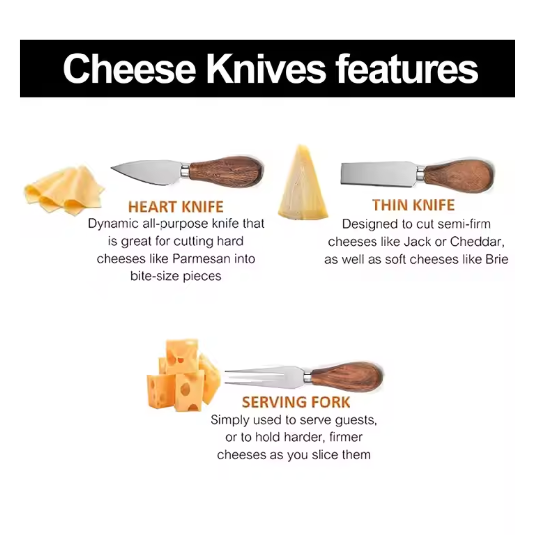 4-Piece Cheese Knife Set with Wooden Cheese Board – Heart, Thin & Fork Knife | Premium Gold & Silver Finish for Charcuterie & Gifting