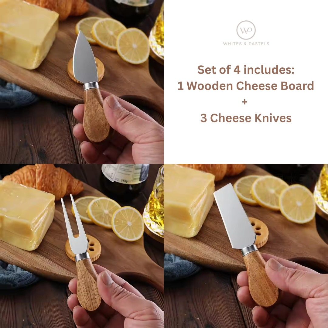 4-Piece Cheese Knife Set with Wooden Cheese Board – Heart, Thin & Fork Knife | Premium Gold & Silver Finish for Charcuterie & Gifting