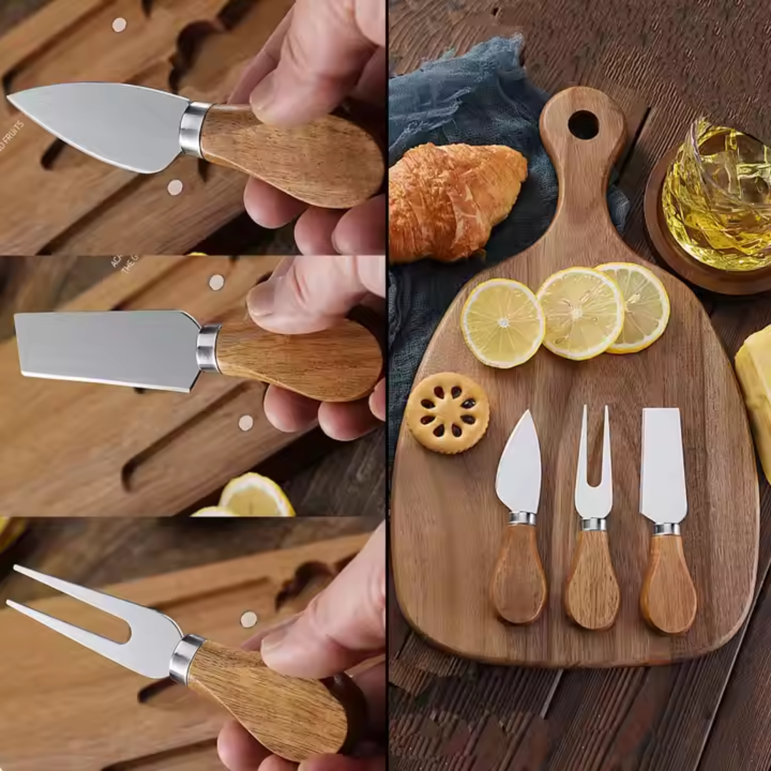 4-Piece Cheese Knife Set with Wooden Cheese Board – Heart, Thin & Fork Knife | Premium Gold & Silver Finish for Charcuterie & Gifting