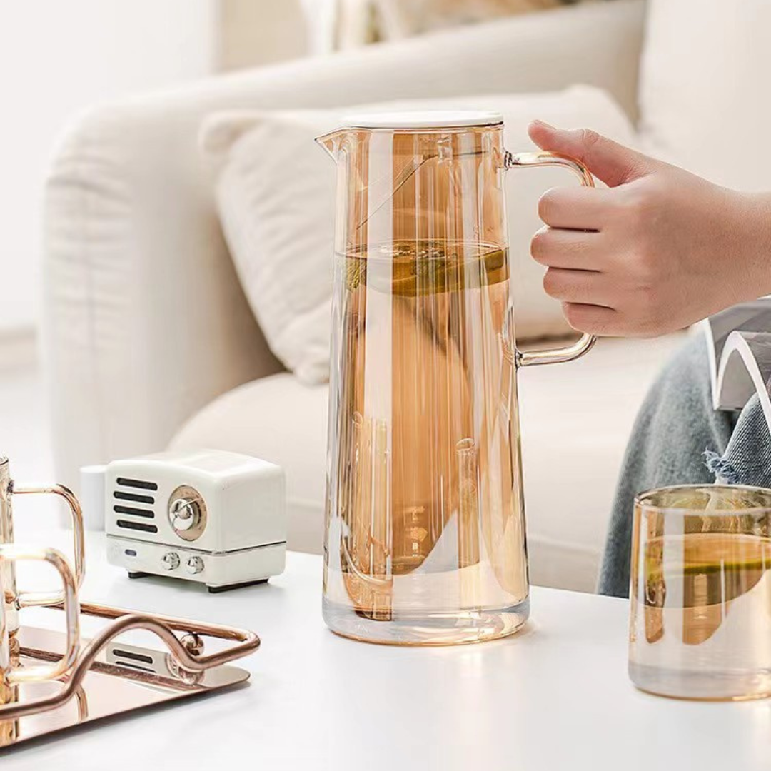 Luxury Gold & Amber Glass Jug Set with 6 Glasses