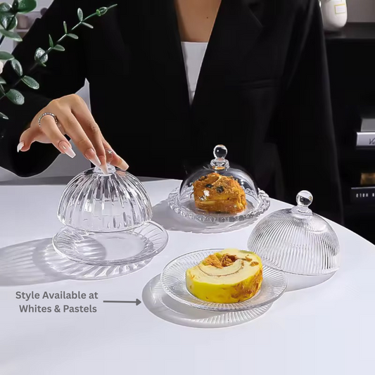 Glass Dessert Plate with Cloche | Ribbed design
