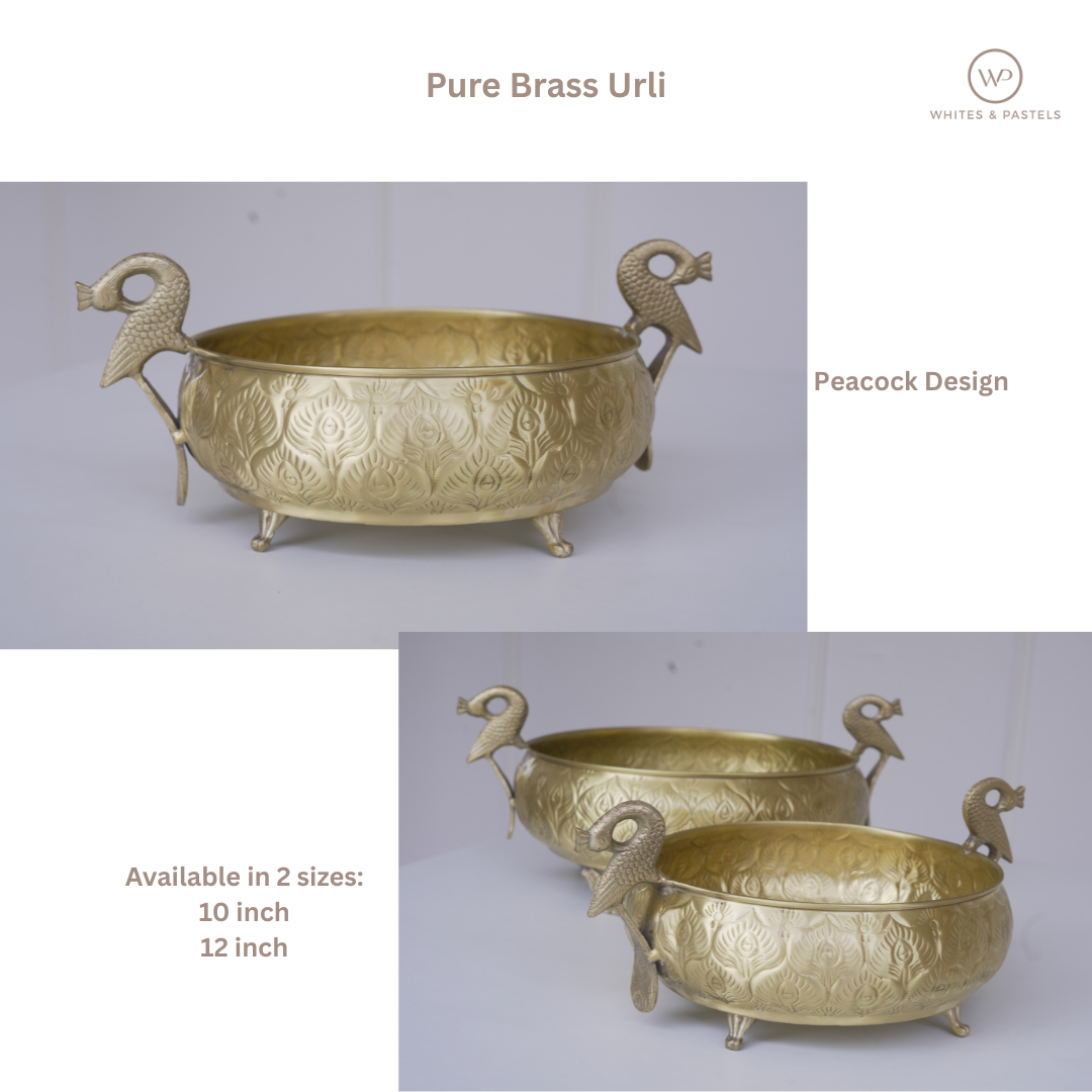 Handcrafted Gold Brass Urli with Peacock Handles | Chitai Work (10 & 12 Inch)