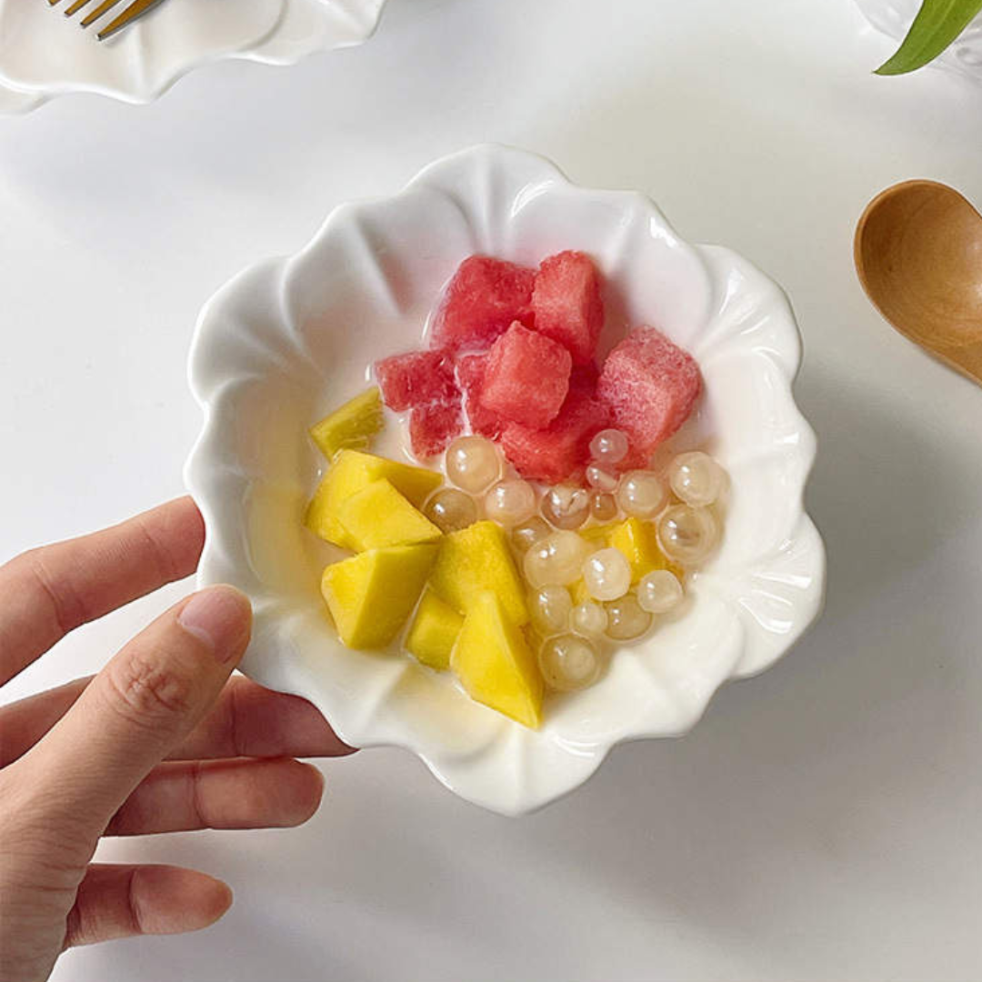 French Ceramic Flower-Shaped Soup Bowl and Snack Plate Set