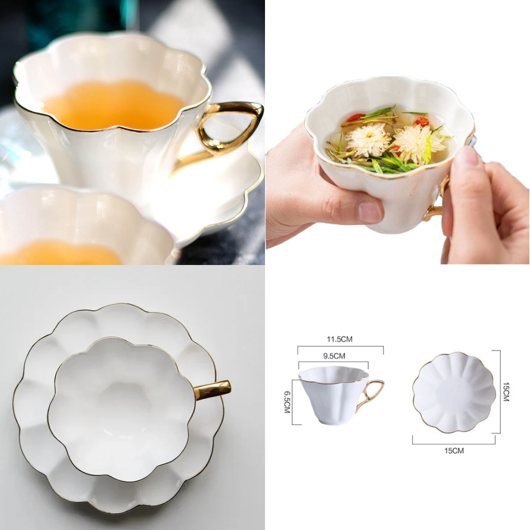 Flower Shaped Porcelain Tea Cup & Saucer with Gold Rim – Set of 1 / 4 / 6