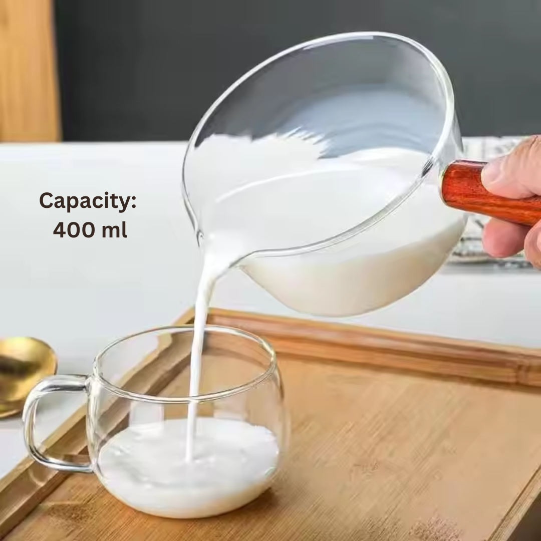 Glass Measurer and Tea Pan with Wooden Handle - 2 sizes (70ml and 400 ml)